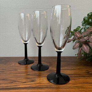 Set of 3 Luminarc Domino Black Octagonal Stem Champagne Flutes 7-3/4" France